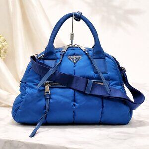 Prada Blue Nylon Puffer Bag Top Handle Crossbody | Authentic Designer Luxury